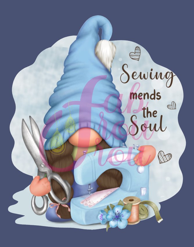 Gnome Sewing Mends the Soul Blue